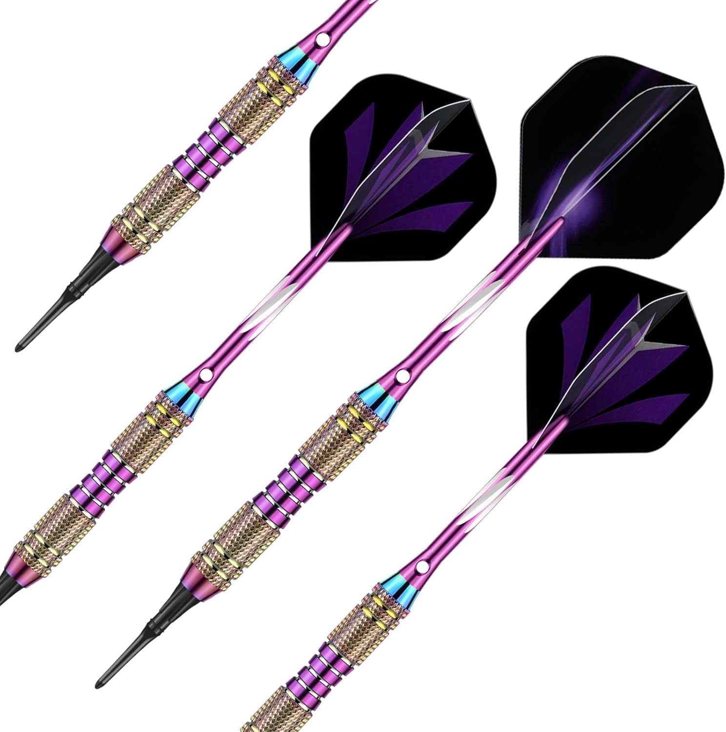 Soft Tip Darts Set 18/20 Grams W/ 50 O-Rings - Green/Purple/Red/Blue/Black Aluminum Shafts + 6 Standard Flights + 30 Soft Tips + Portable Case for Electronic Dart Board