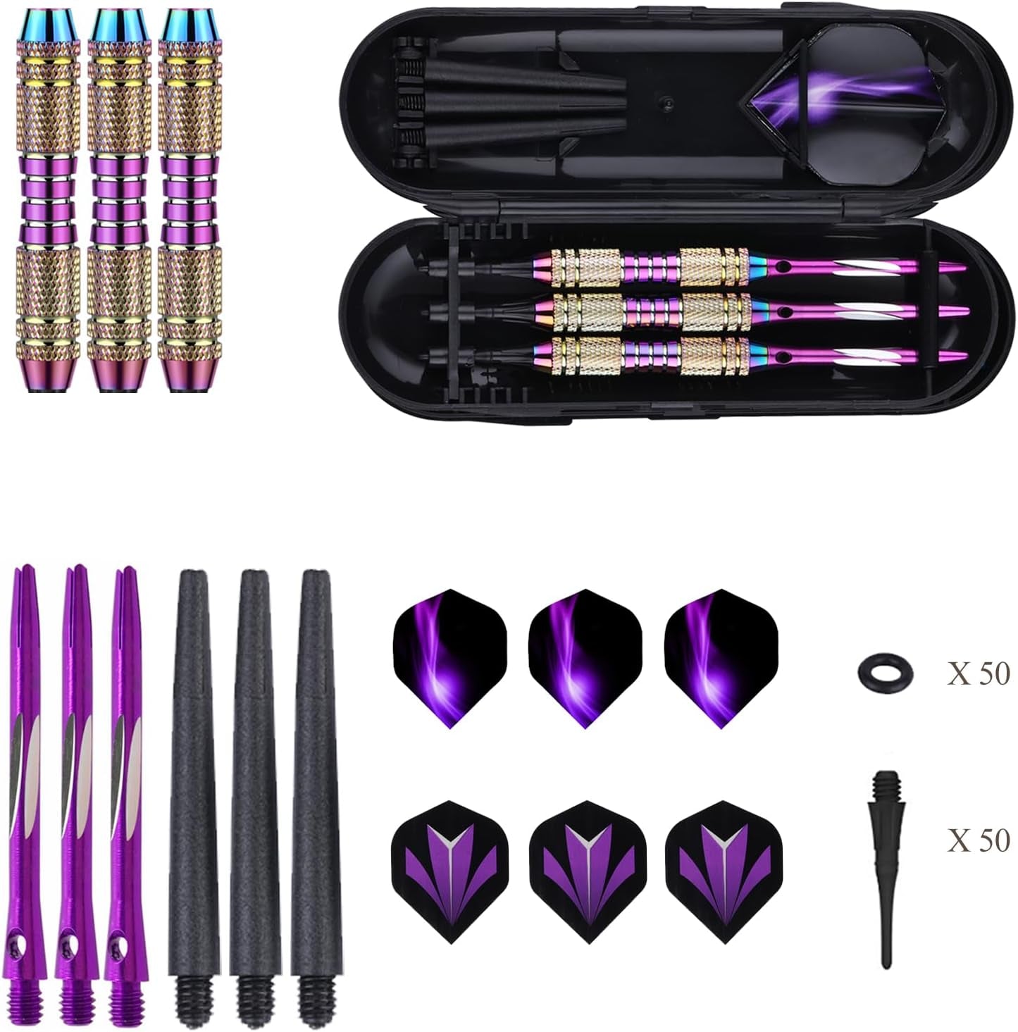 Soft Tip Darts Set 18/20 Grams W/ 50 O-Rings - Green/Purple/Red/Blue/Black Aluminum Shafts + 6 Standard Flights + 30 Soft Tips + Portable Case for Electronic Dart Board