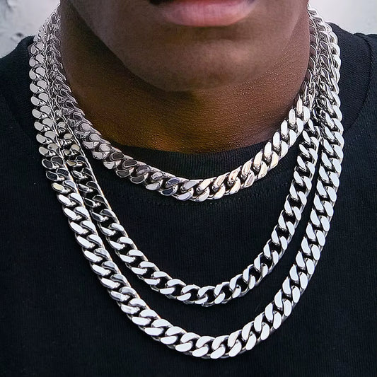 8MM-14MM Stainless Steel Chain Cuban Necklace for Men Punk Thick Long Neck Male Jewelry Silver Color