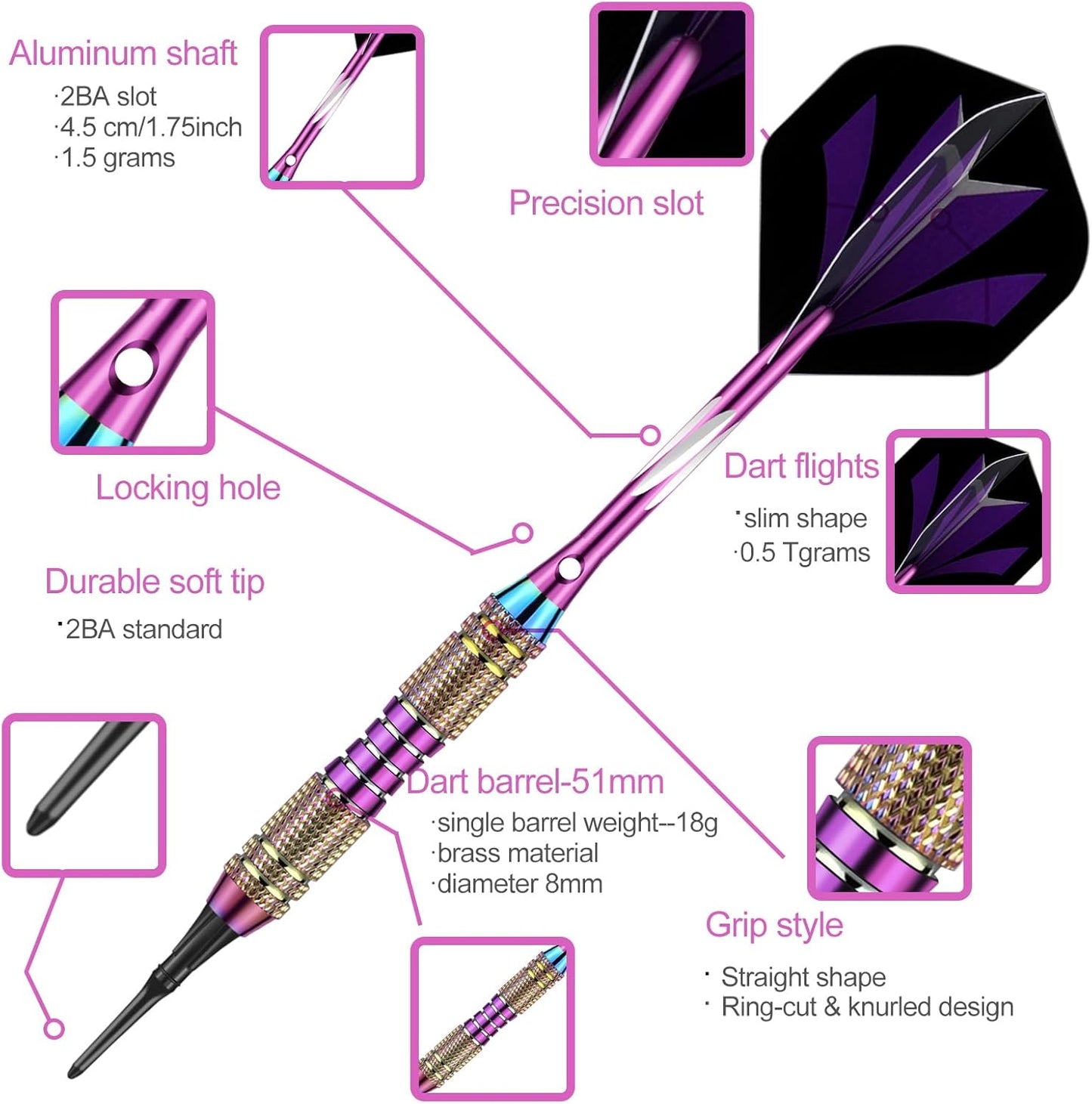 Soft Tip Darts Set 18/20 Grams W/ 50 O-Rings - Green/Purple/Red/Blue/Black Aluminum Shafts + 6 Standard Flights + 30 Soft Tips + Portable Case for Electronic Dart Board