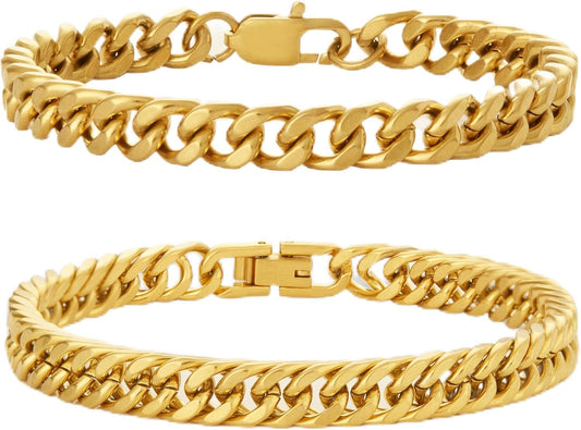 Stainless Steel Bracelets for Men 2PCS Cuban Link Bracelet Stainless Steel Mens Silver/Gold/Black Bracelet Set 7.5/8.3/9 Inches Gifts for Mens Metal Bracelets