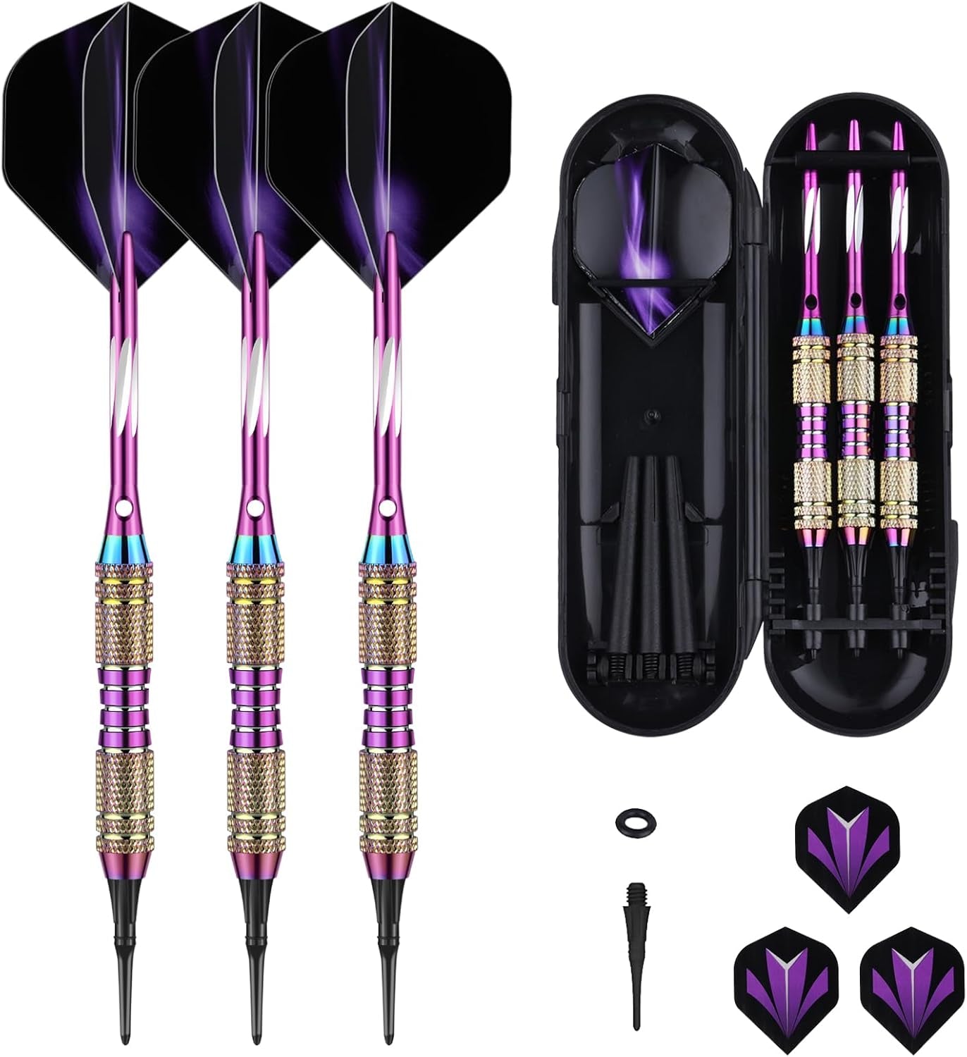 Soft Tip Darts Set 18/20 Grams W/ 50 O-Rings - Green/Purple/Red/Blue/Black Aluminum Shafts + 6 Standard Flights + 30 Soft Tips + Portable Case for Electronic Dart Board
