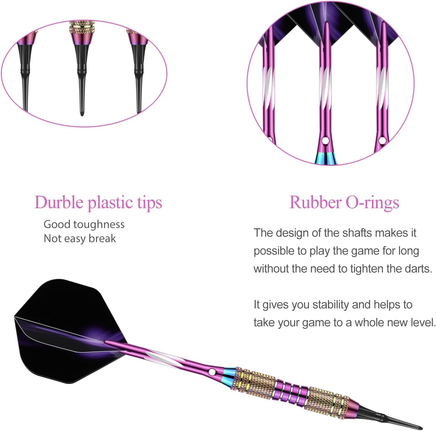 Soft Tip Darts Set 18/20 Grams W/ 50 O-Rings - Green/Purple/Red/Blue/Black Aluminum Shafts + 6 Standard Flights + 30 Soft Tips + Portable Case for Electronic Dart Board