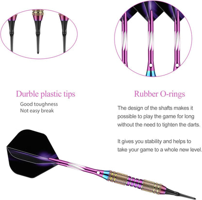Soft Tip Darts Set 18/20 Grams W/ 50 O-Rings - Green/Purple/Red/Blue/Black Aluminum Shafts + 6 Standard Flights + 30 Soft Tips + Portable Case for Electronic Dart Board